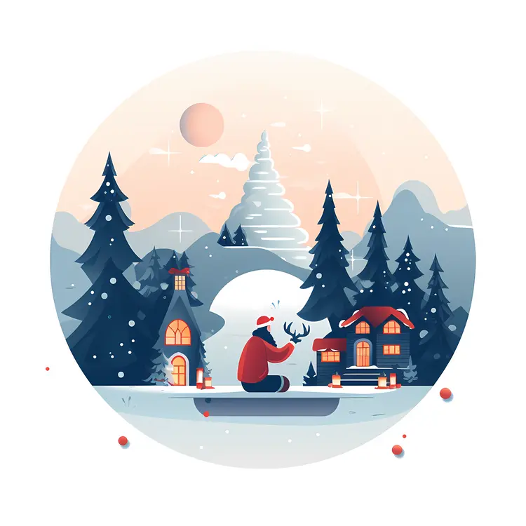 Santa with Reindeer in Snowy Village
