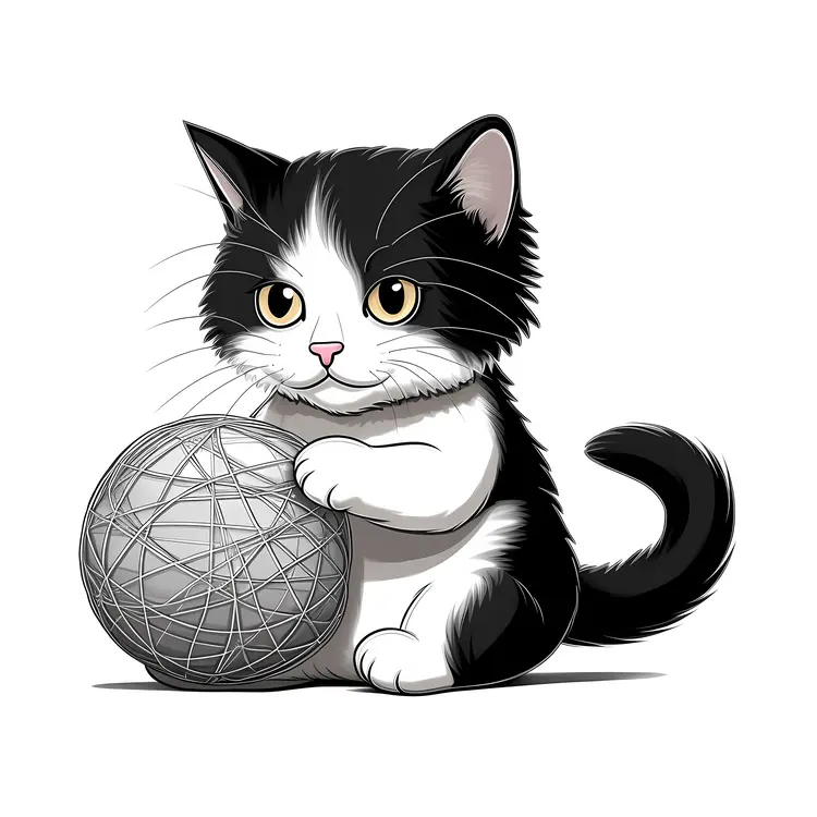 Cute Black and White Kitten with Yarn Ball