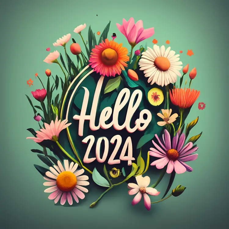 Hello 2024 with Colorful Flowers