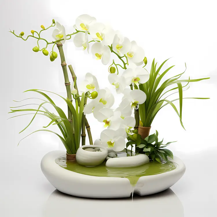 White Orchids and Bamboo in Zen Garden