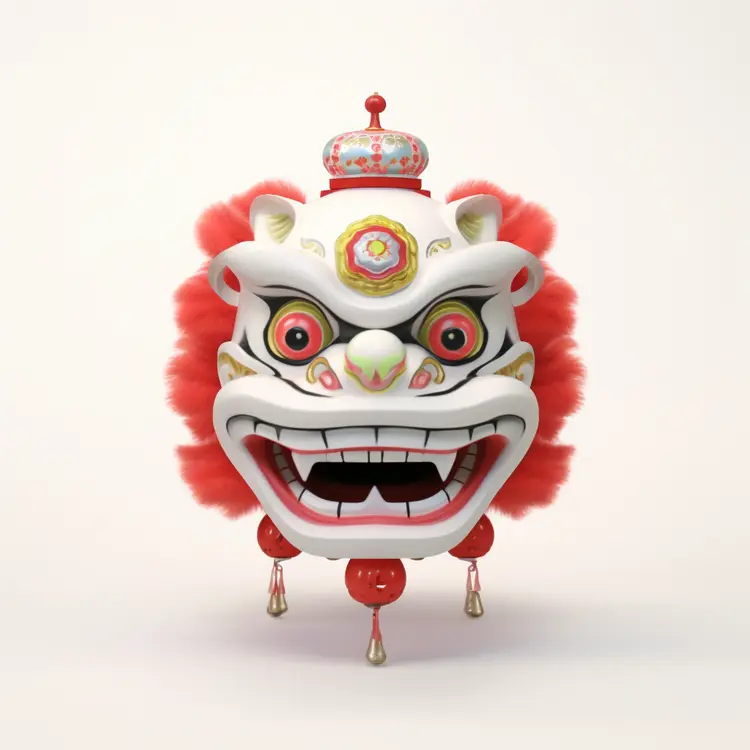 Colorful Lion Dance Mask with Red Fur