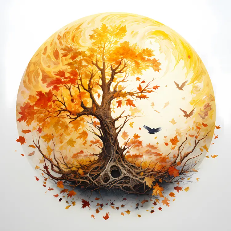 Autumn Tree with Birds and Leaves