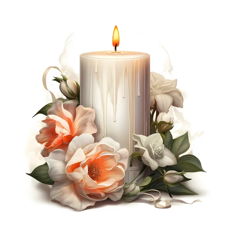 White Candle with Peach Flowers