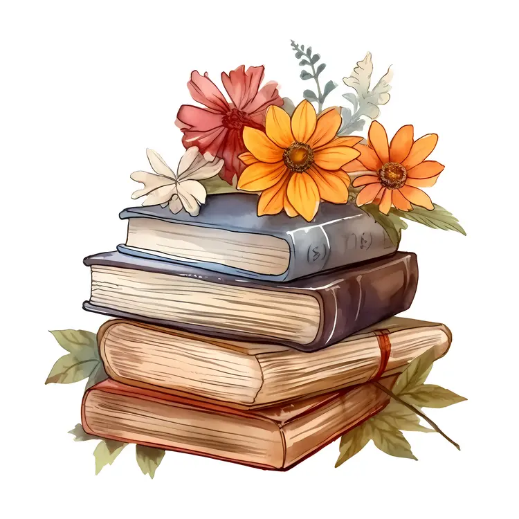 Stack of Books with Flowers