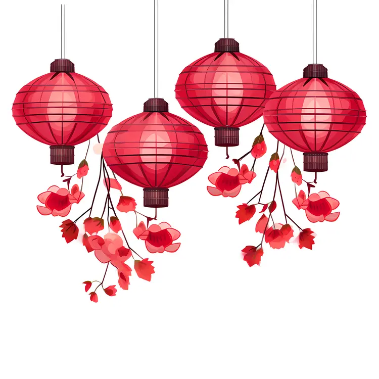 Traditional Red Chinese Lanterns with Flowers for Chinese New Year