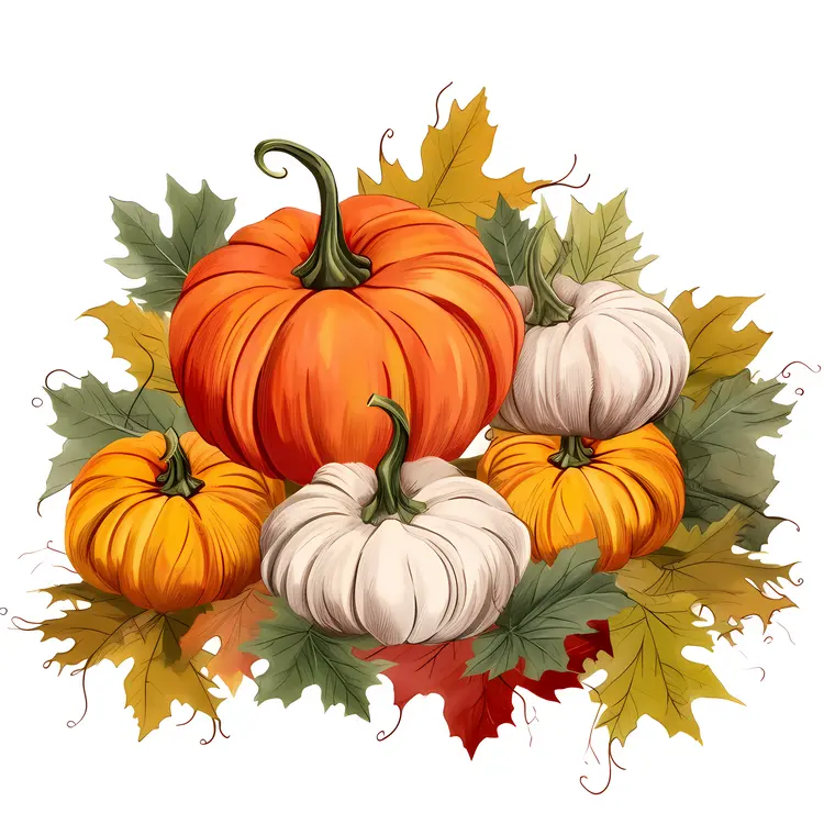 Colorful Pumpkins with Autumn Leaves for Fall Festivities