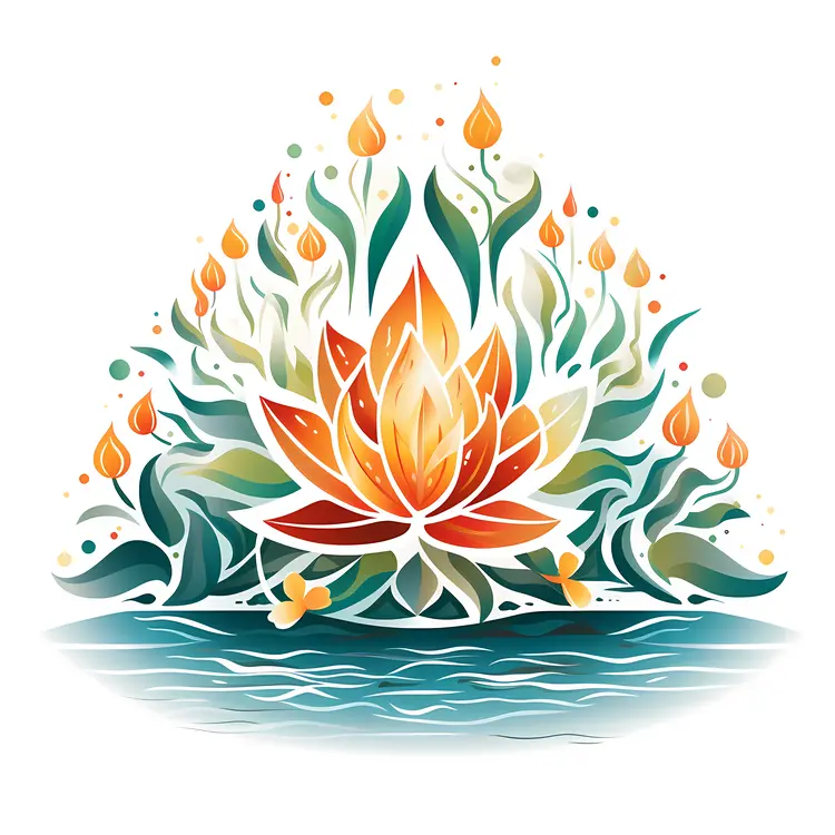 Colorful Lotus Flower with Water and Leaves