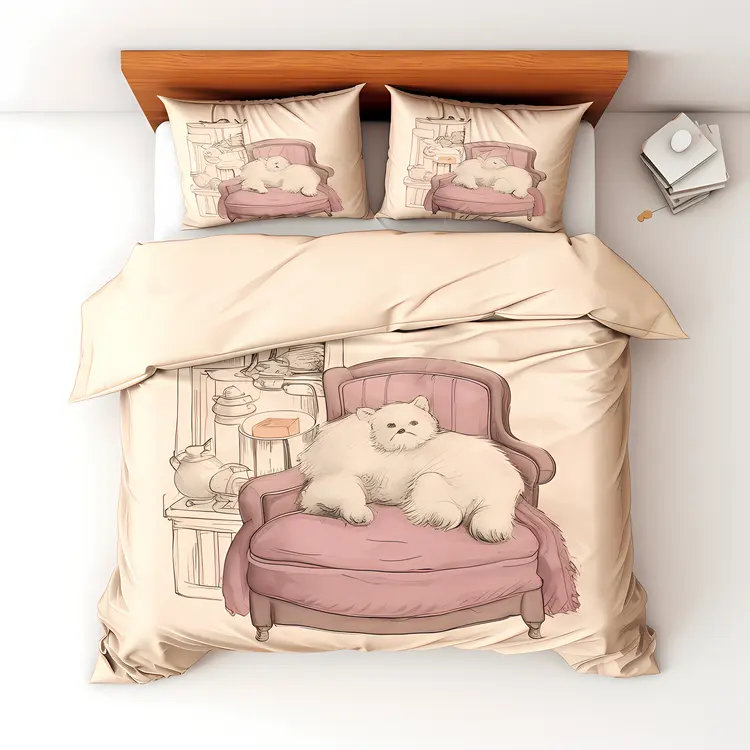 Cute Bed with Cat Illustration Bedding