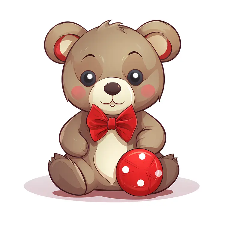 Cute Brown Teddy Bear with Red Bow and Polka Dot Ball