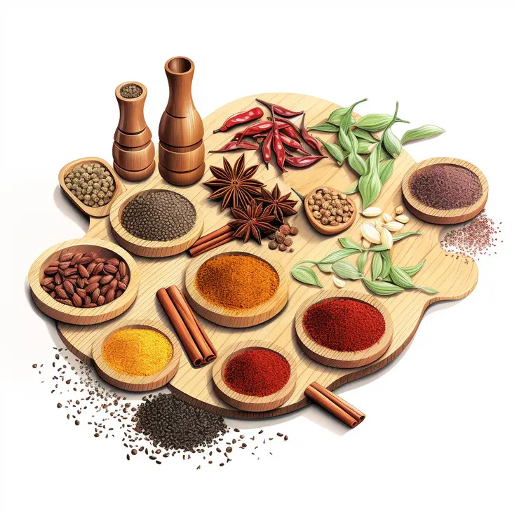 Spices and Seasonings on Wooden Board