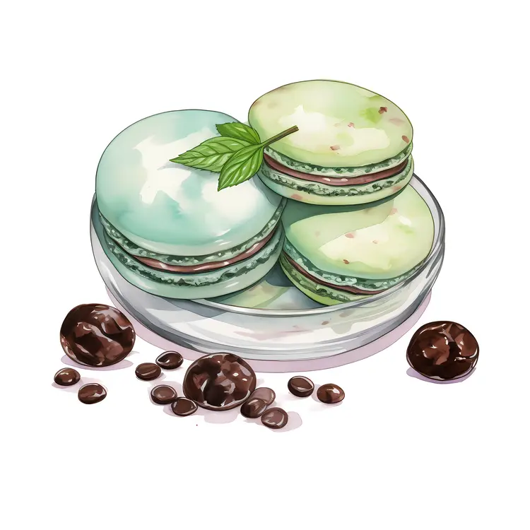 Green Macarons in a Bowl with Chocolate Balls
