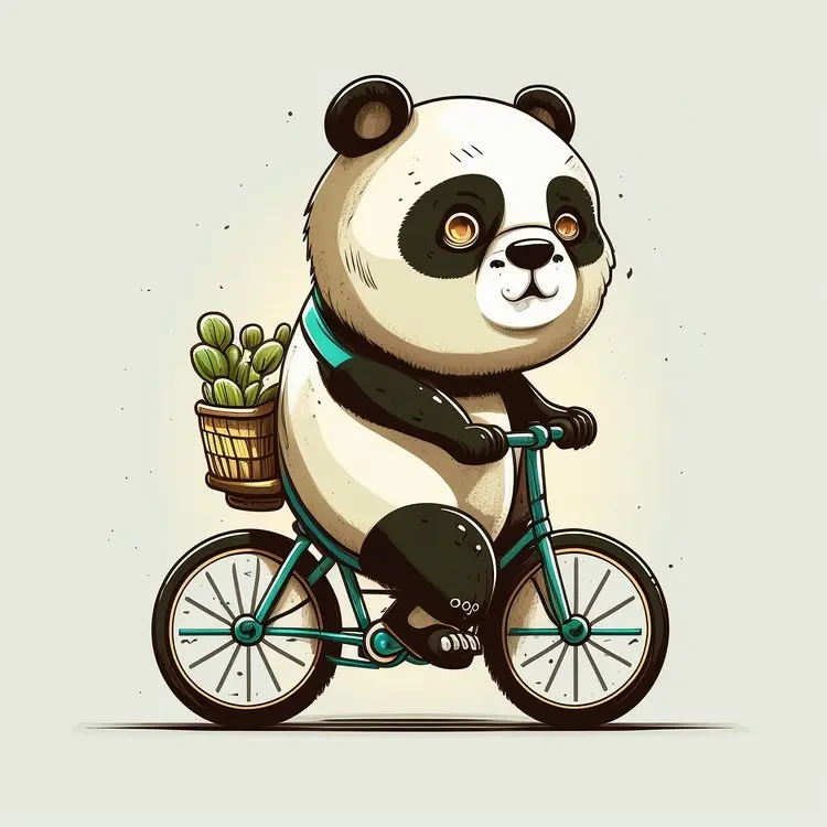 Cute Panda Riding a Bicycle with a Cactus Basket