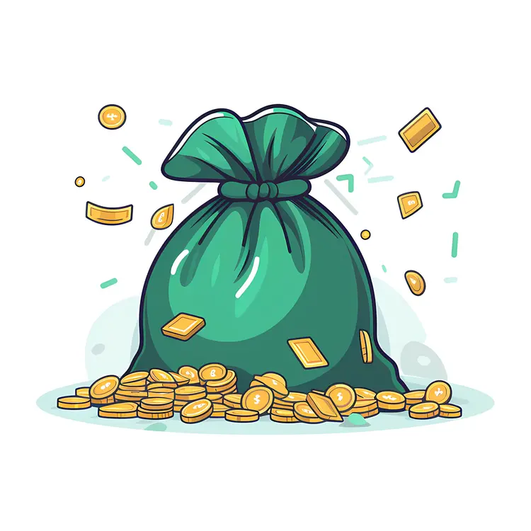 Green Money Bag with Coins and Cash