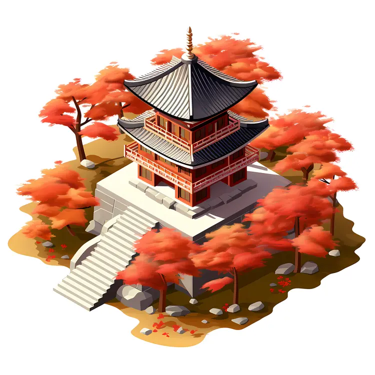 Red Pagoda with Autumn Trees