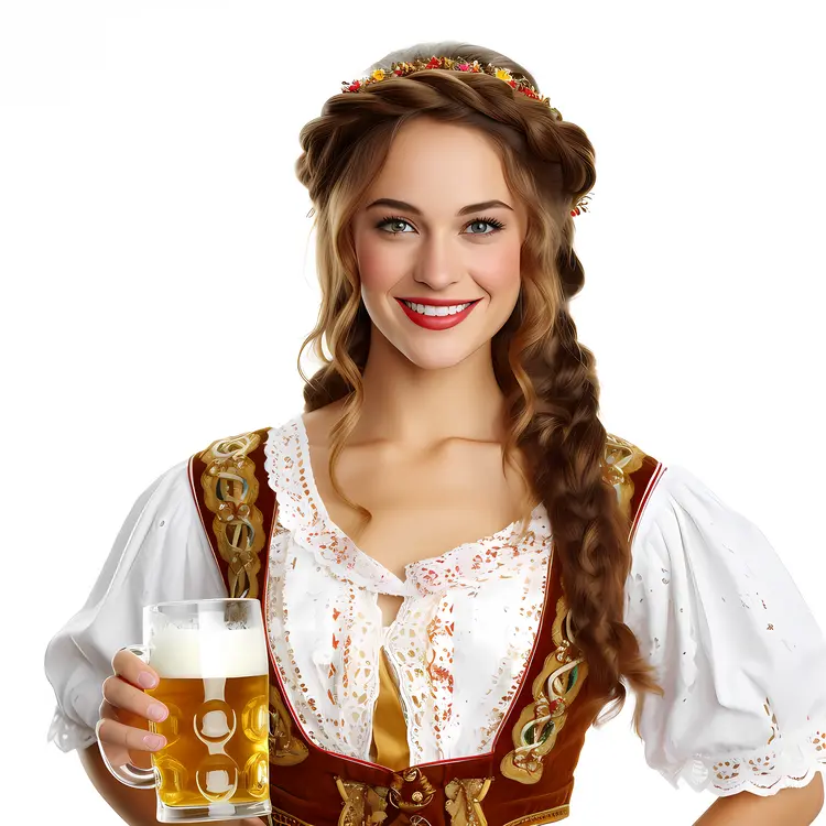 Smiling Woman Holding Beer at Oktoberfest