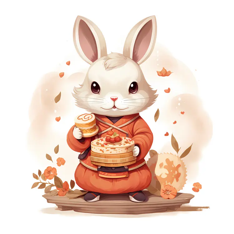 Cute Rabbit Holding Food in Traditional Clothing