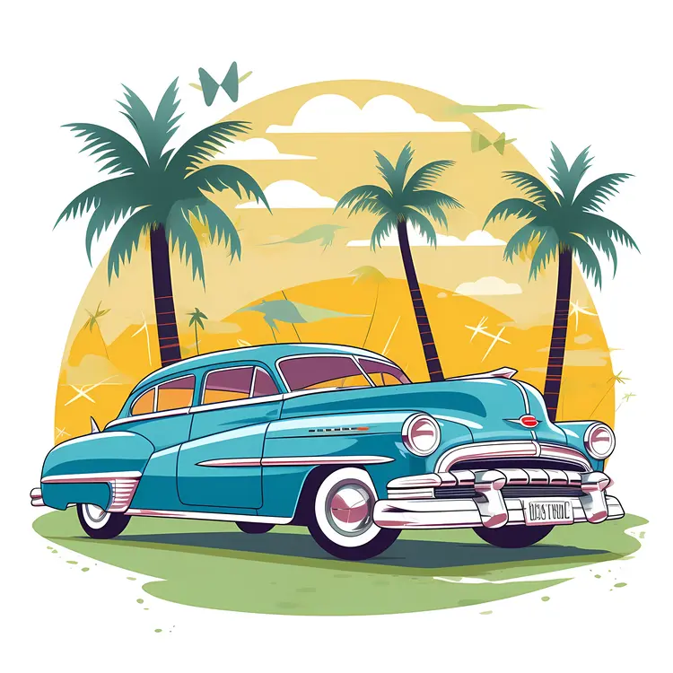 Vintage Blue Car with Palm Trees in Tropical Background