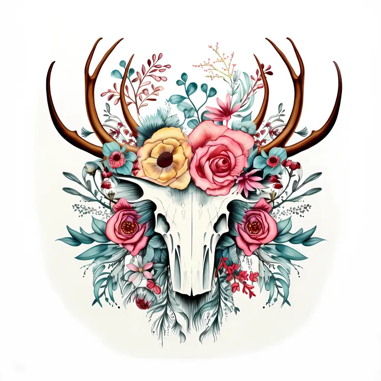 Deer Skull with Floral Art
