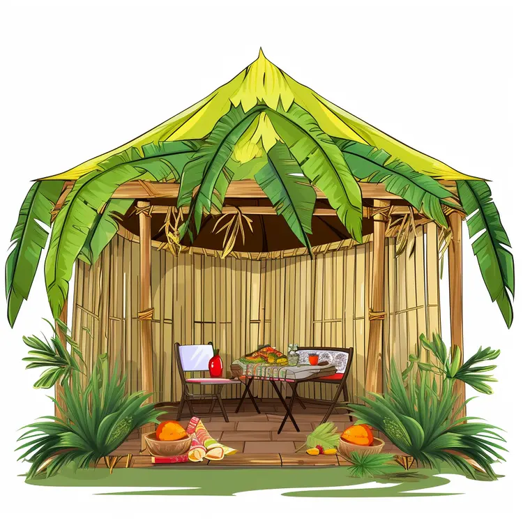 Tropical Bamboo Hut with Fruits and Outdoor Seating