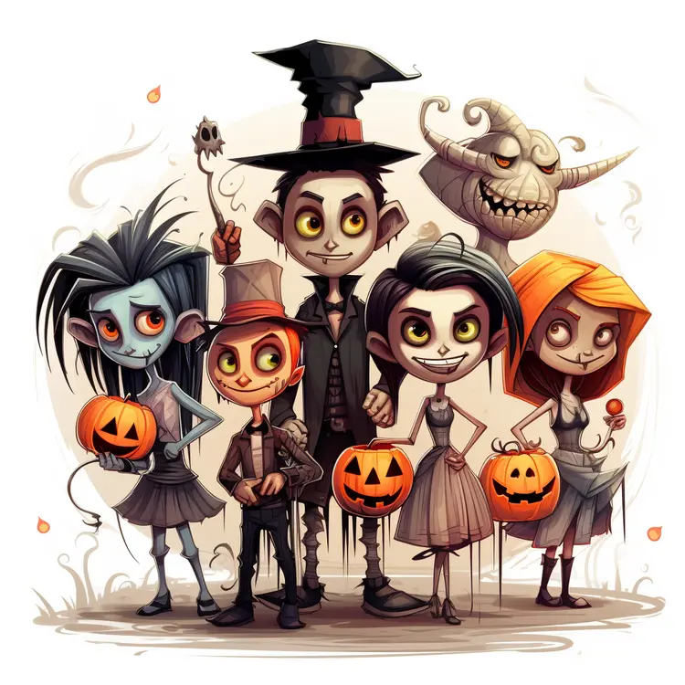 Family in Spooky Halloween Costumes with Pumpkins