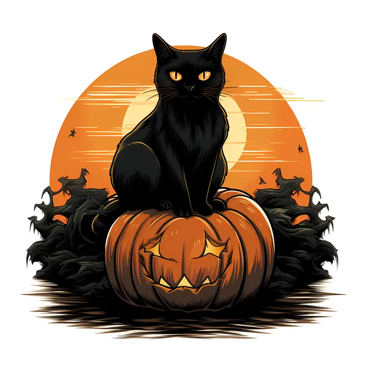 Black Cat on Pumpkin with Halloween Theme