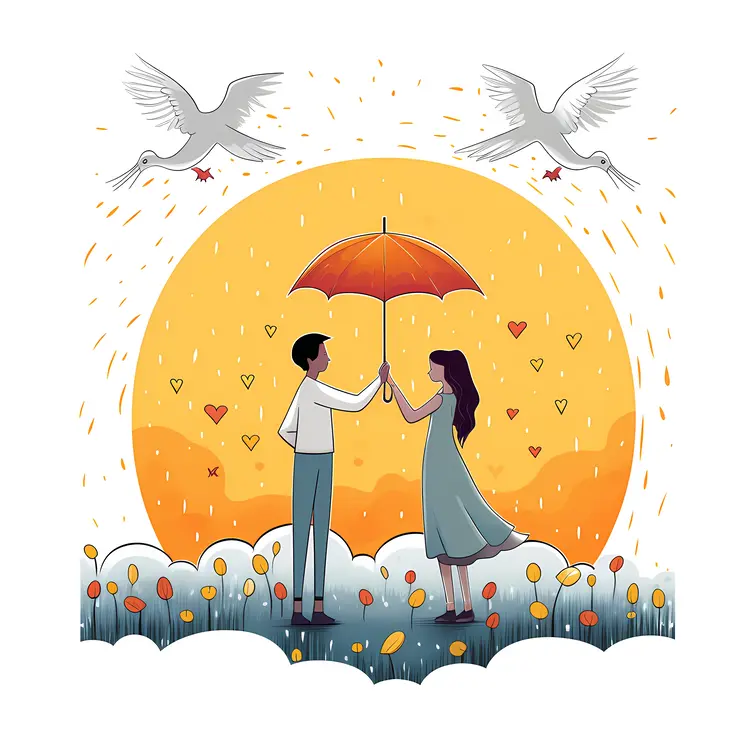 Couple Holding Umbrella with Hearts and Birds