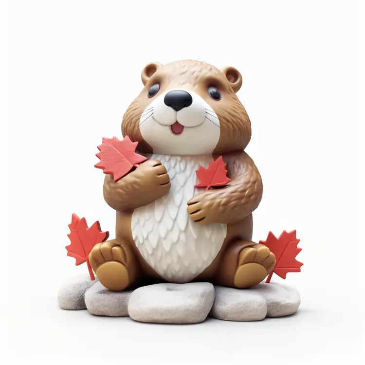 Cute Beaver Figurine with Maple Leaves