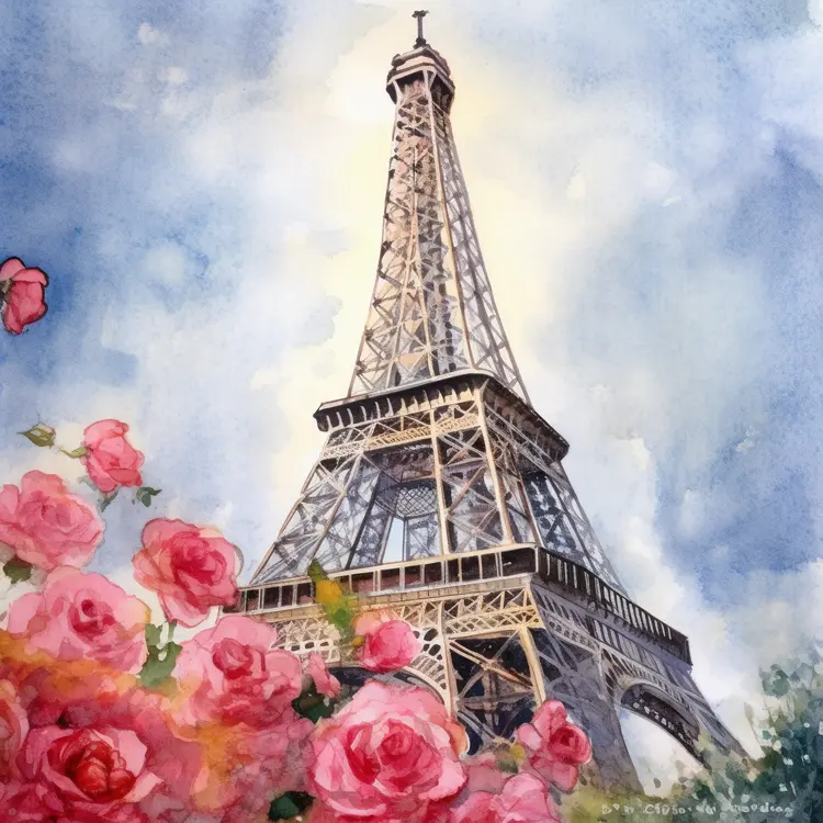 Eiffel Tower with Roses in Watercolor Painting