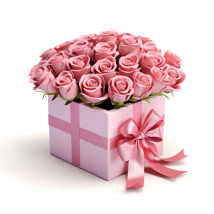 Pink Roses in a Gift Box with Ribbon