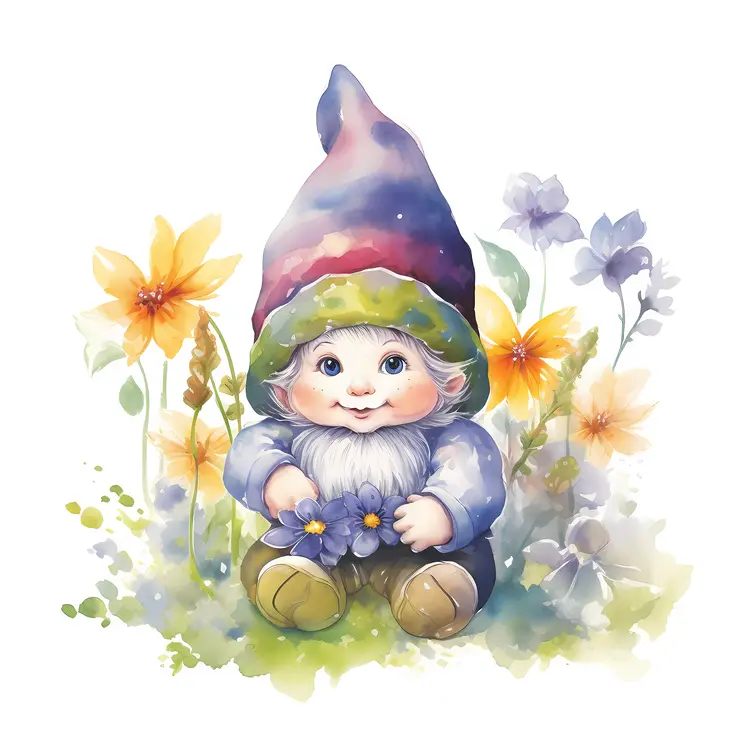 Cute Gnome with Flowers in a Garden