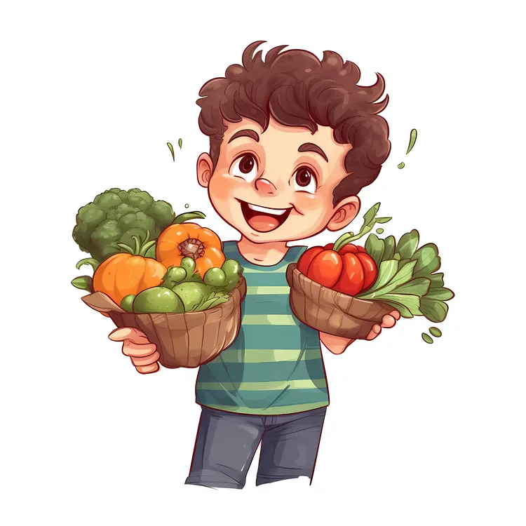 Excited Cartoon Boy Holding Vegetables