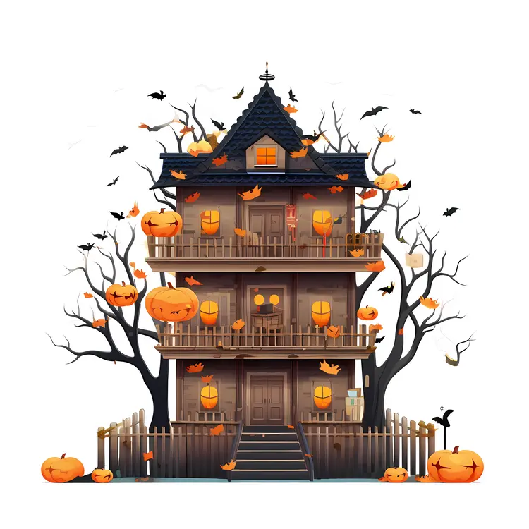 Spooky Haunted House with Halloween Decorations