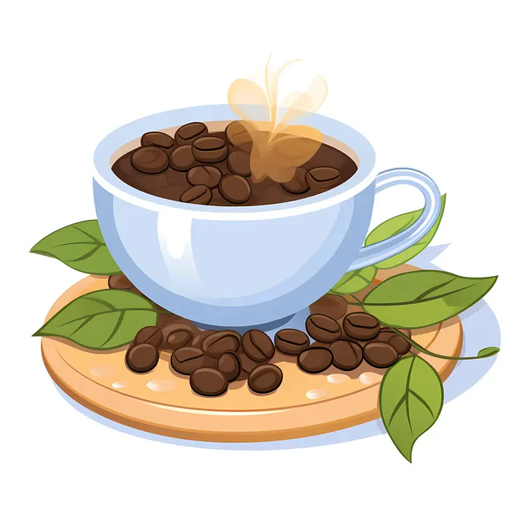 Steaming Coffee Cup with Beans and Leaves
