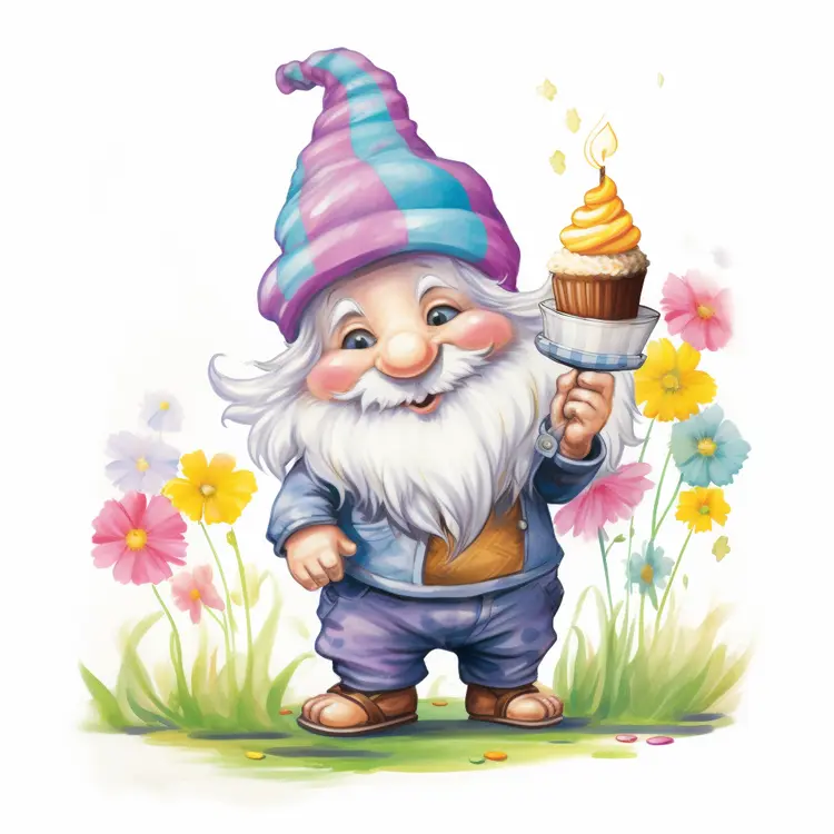 Cute Gnome with Cupcake in a Flower Garden