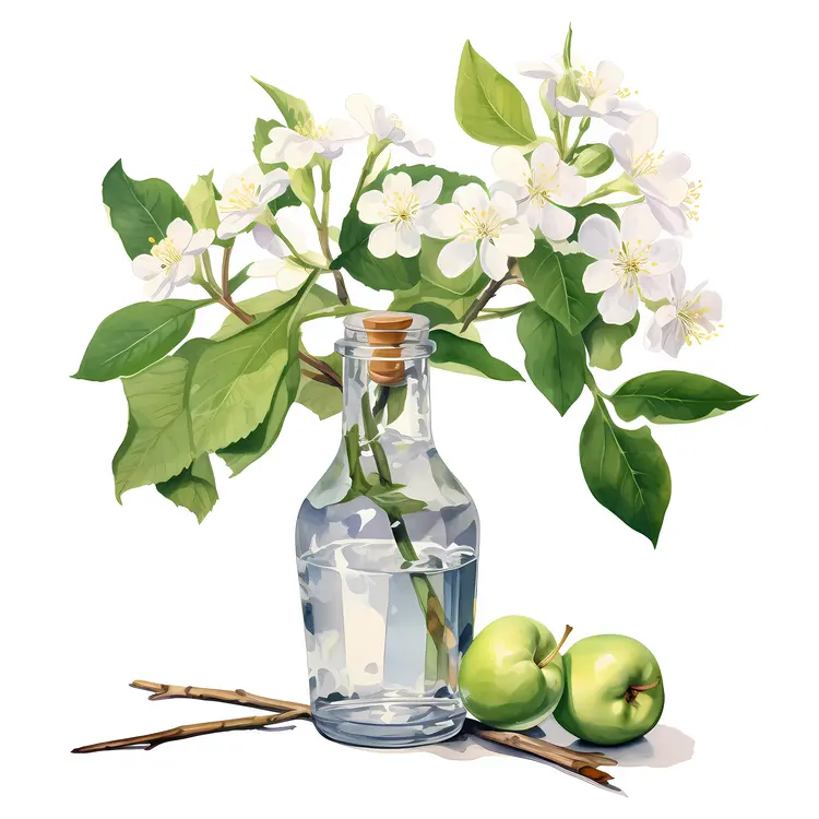 White Flowers in Glass Bottle with Two Green Apples