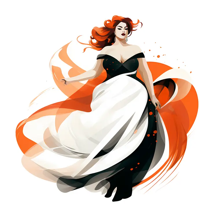 Graceful Woman in Flowing Black and White Dress