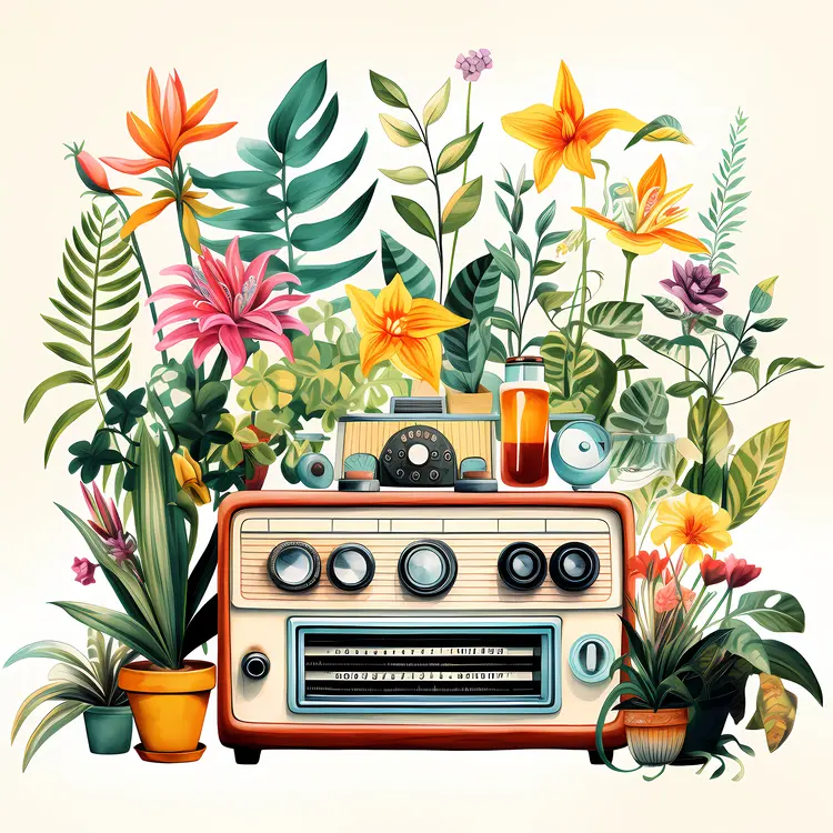 Vintage Radio Surrounded by Colorful Flowers