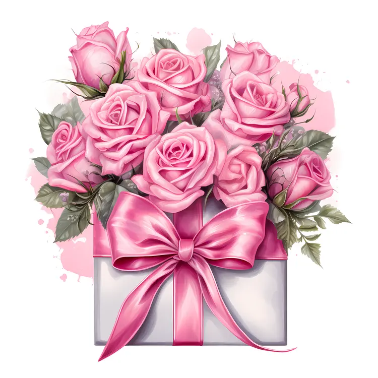 Pink Roses in a Gift Box with Ribbon