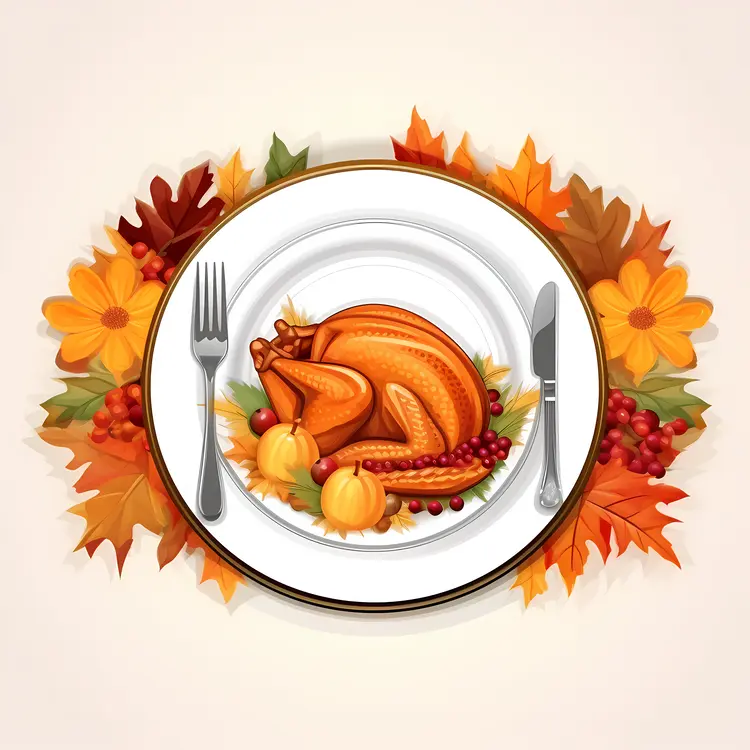 Roasted Turkey with Pumpkins and Autumn Leaves for Thanksgiving