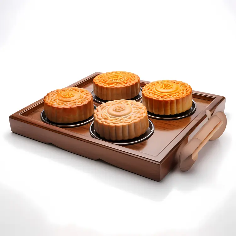 Traditional Mooncakes on Wooden Tray for Mid-Autumn Festival