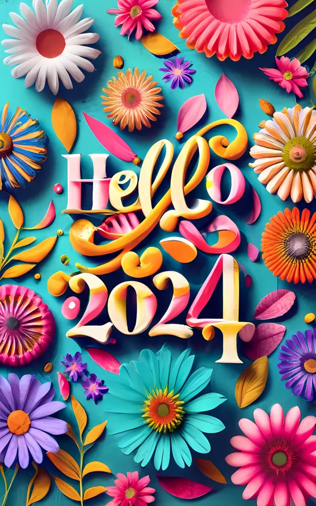 Hello 2024 with Colorful Flowers