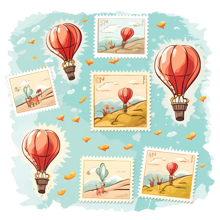 Hot Air Balloons Stamps with Scenic Background