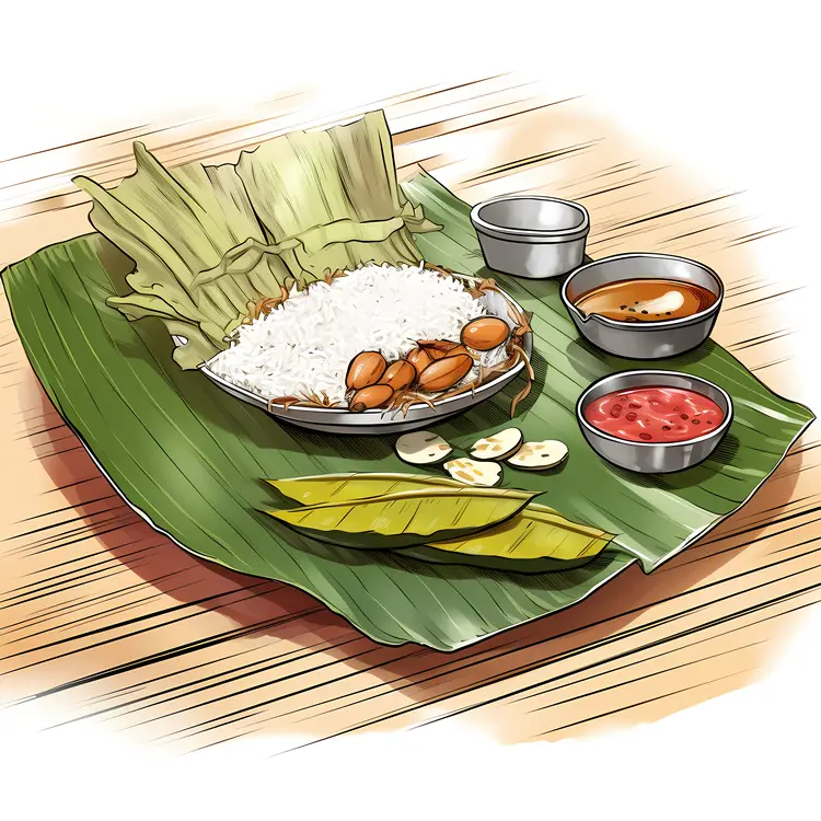 Traditional Meal on Banana Leaf with Rice and Sauce