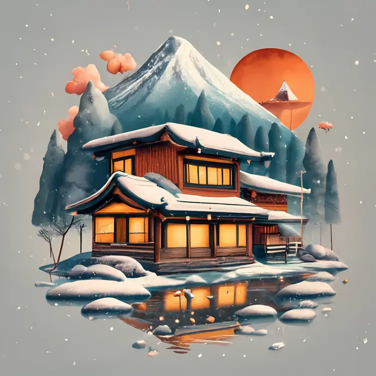 Small cute doodle house in snowy mountain landscape