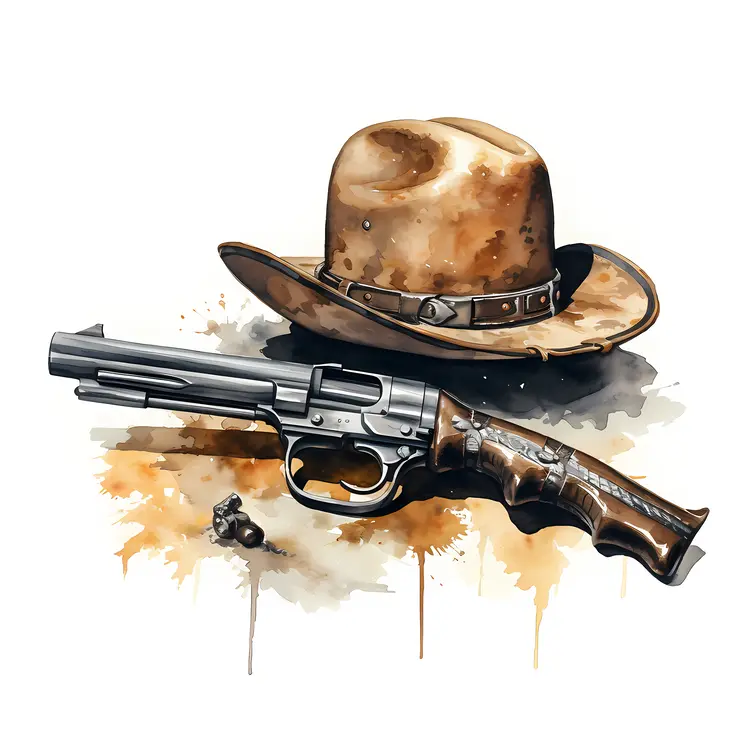 Vintage Revolver and Cowboy Hat Illustration
