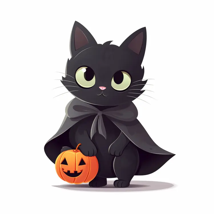 Cute Black Cat in Halloween Costume Holding Pumpkin