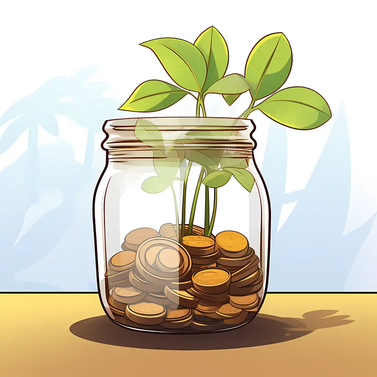 Jar of Coins with Growing Plant Symbolizing Investment