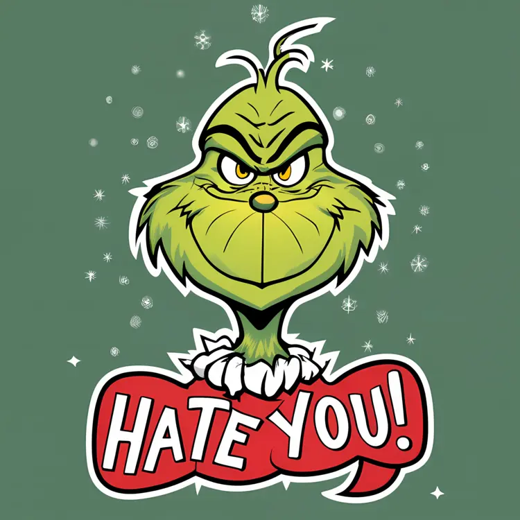 Grumpy Green Character with Santa Hat and 'Hate You' Text