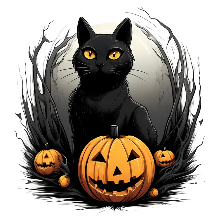 Black Cat with Pumpkins for Halloween