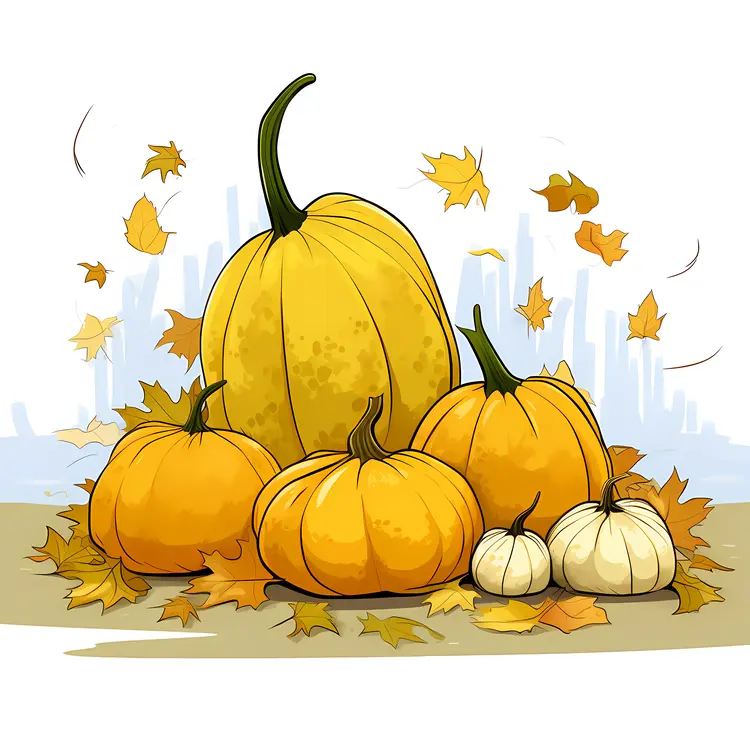 Pumpkins with Autumn Leaves Illustration